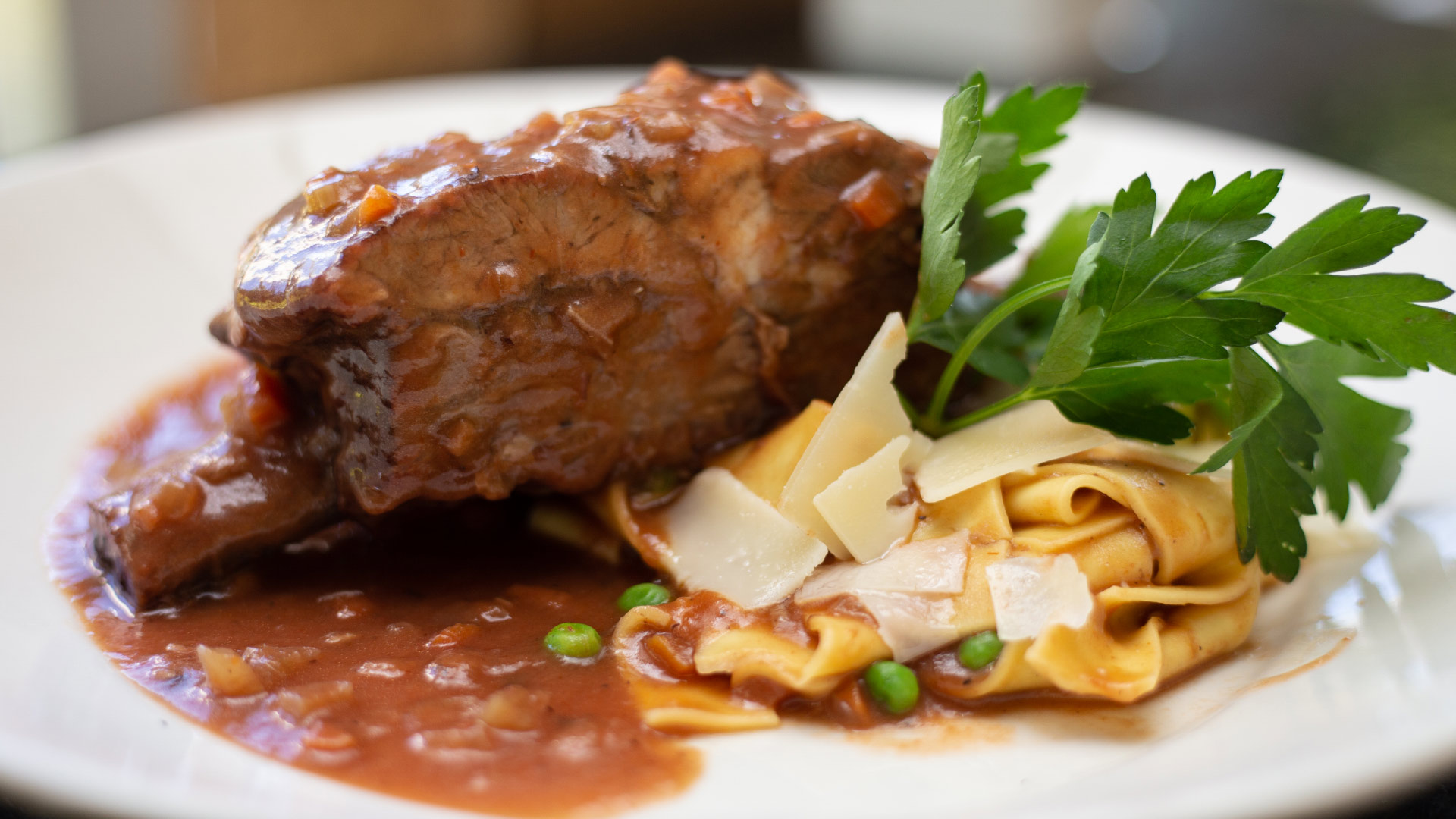 A braised meat dish with pasta at Cristof’s